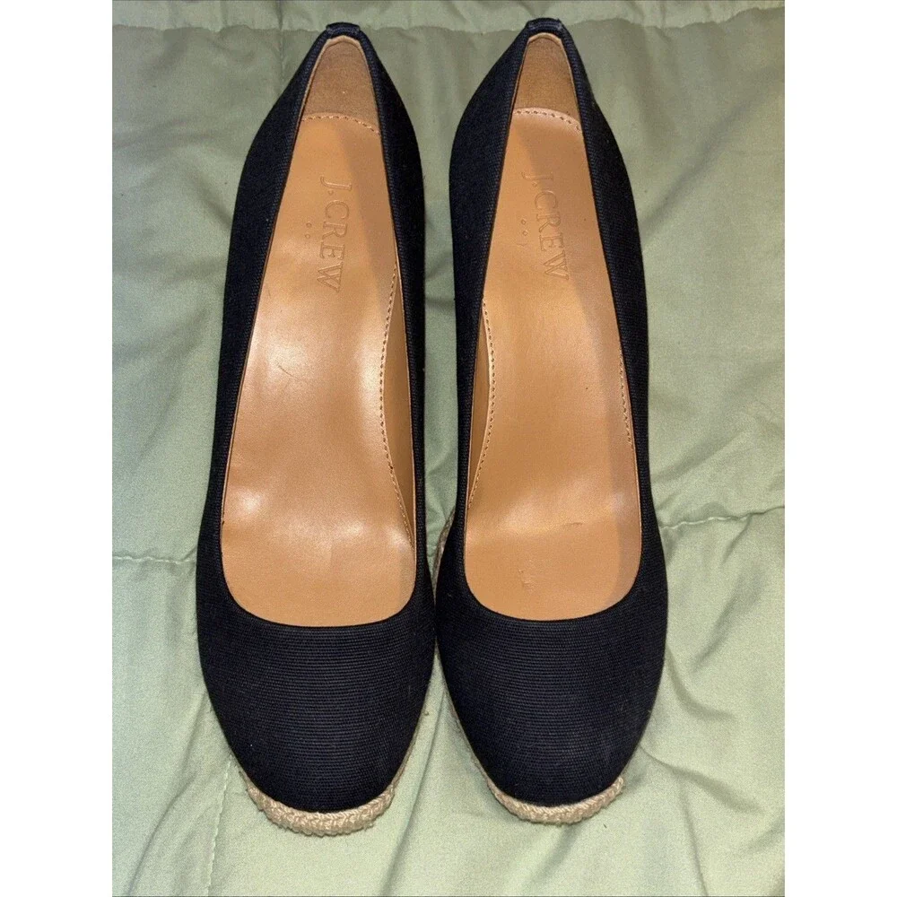 J. Crew Preppy Navy Blue Canvas Espadrille Wedges Jute Heel Size 6.5